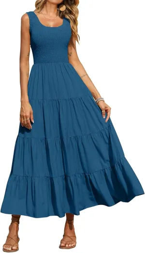 Womens Summer Maxi Sundress Sleeveless Smocked Tiered Tank A-Line Dresses Casual Loose Plain Swing Beach Dress