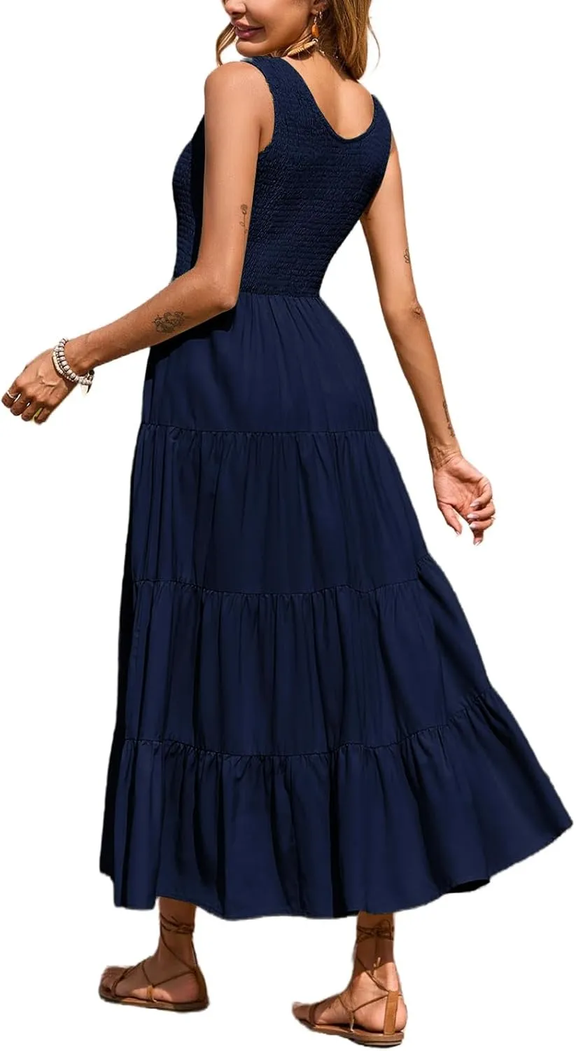 Womens Summer Maxi Sundress Sleeveless Smocked Tiered Tank A-Line Dresses Casual Loose Plain Swing Beach Dress