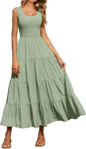 Womens Summer Maxi Sundress Sleeveless Smocked Tiered Tank A-Line Dresses Casual Loose Plain Swing Beach Dress