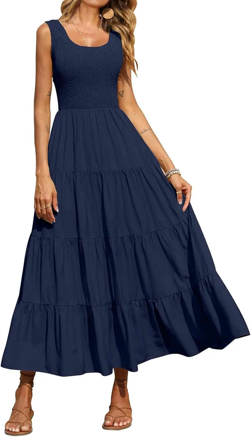 Womens Summer Maxi Sundress Sleeveless Smocked Tiered Tank A-Line Dresses Casual Loose Plain Swing Beach Dress
