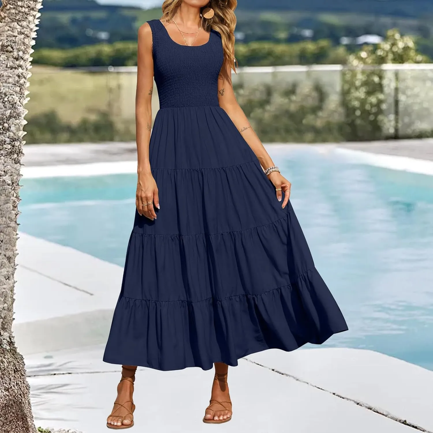 Womens Summer Maxi Sundress Sleeveless Smocked Tiered Tank A-Line Dresses Casual Loose Plain Swing Beach Dress