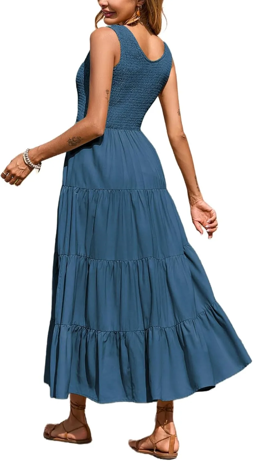 Womens Summer Maxi Sundress Sleeveless Smocked Tiered Tank A-Line Dresses Casual Loose Plain Swing Beach Dress