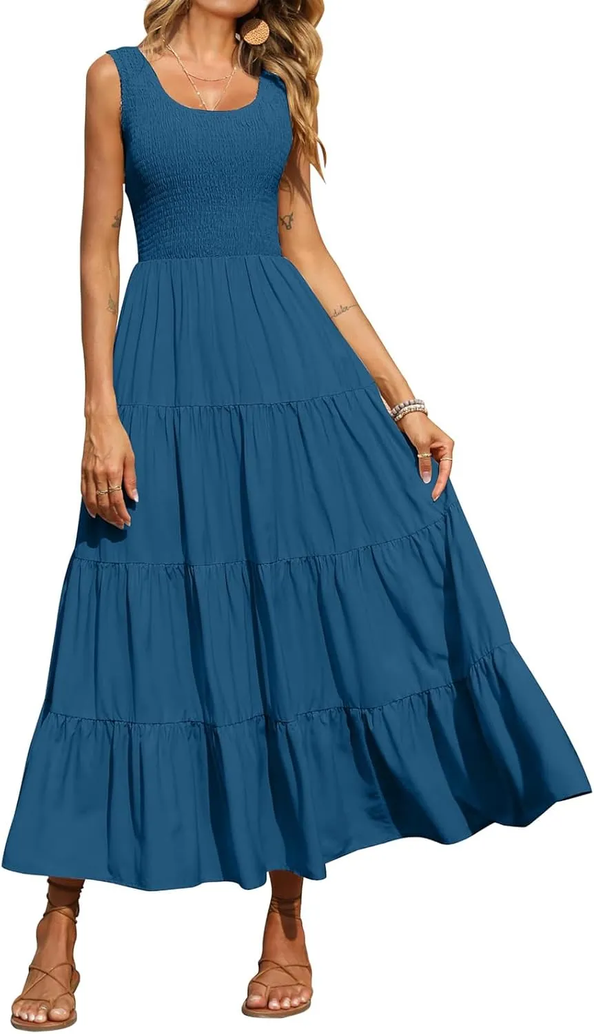 Womens Summer Maxi Sundress Sleeveless Smocked Tiered Tank A-Line Dresses Casual Loose Plain Swing Beach Dress