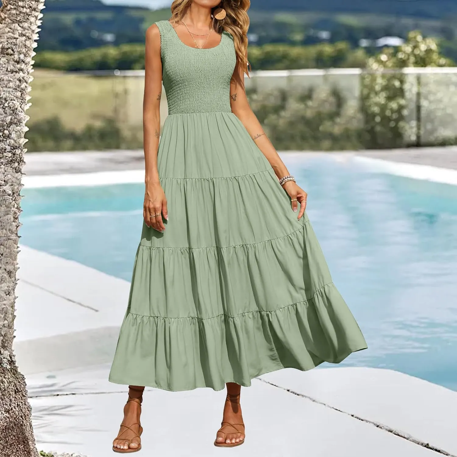 Womens Summer Maxi Sundress Sleeveless Smocked Tiered Tank A-Line Dresses Casual Loose Plain Swing Beach Dress