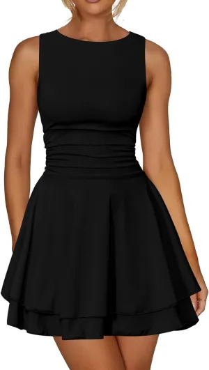 Women's Summer Mini Dress Crew Neck Ruffle Pleated Tiered Sleeveless Dresses Flowy A Line Dresses Graduation Dress