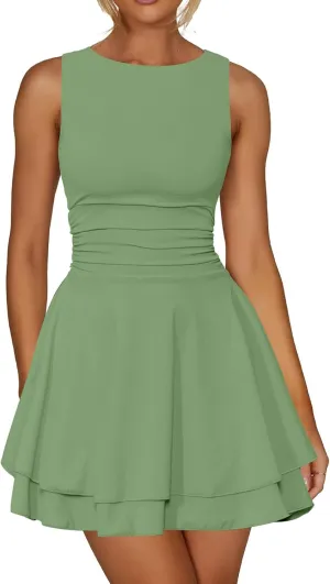 Women's Summer Mini Dress Crew Neck Ruffle Pleated Tiered Sleeveless Dresses Flowy A Line Dresses Graduation Dress