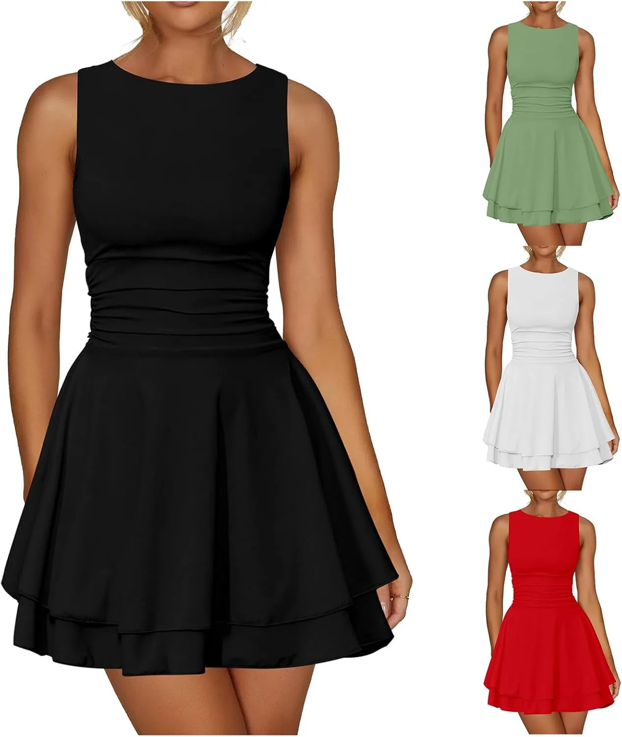 Women's Summer Mini Dress Crew Neck Ruffle Pleated Tiered Sleeveless Dresses Flowy A Line Dresses Graduation Dress