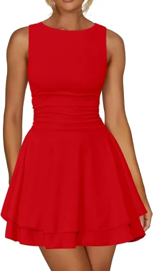 Women's Summer Mini Dress Crew Neck Ruffle Pleated Tiered Sleeveless Dresses Flowy A Line Dresses Graduation Dress
