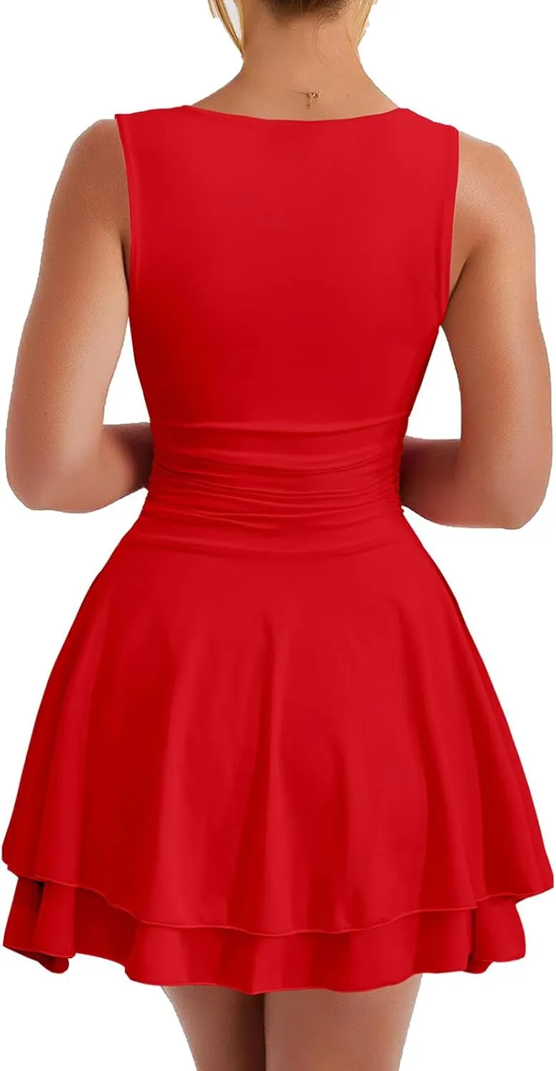 Women's Summer Mini Dress Crew Neck Ruffle Pleated Tiered Sleeveless Dresses Flowy A Line Dresses Graduation Dress