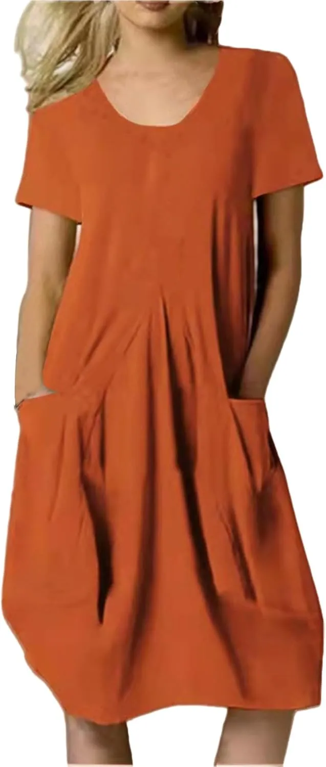 Womens Summer Short Sleeve T-Shirt Dress Knee Length Midi Dress Casual Loose Fit Sundresses with Pockets
