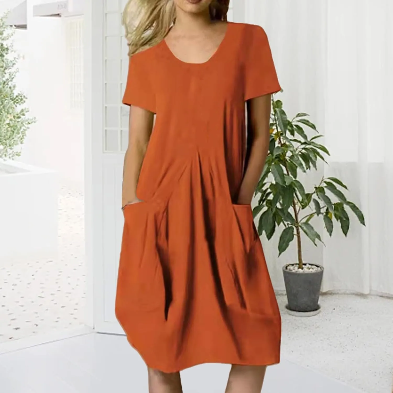 Womens Summer Short Sleeve T-Shirt Dress Knee Length Midi Dress Casual Loose Fit Sundresses with Pockets