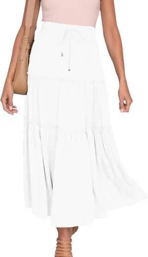 Women's Summer Skirt 2024 Boho Elastic High Waist Drawstring A Line Ruched Ruffle Swing Tiered Beach Casual Long Skirt