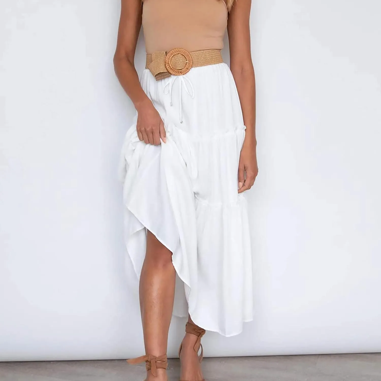 Women's Summer Skirt 2024 Boho Elastic High Waist Drawstring A Line Ruched Ruffle Swing Tiered Beach Casual Long Skirt