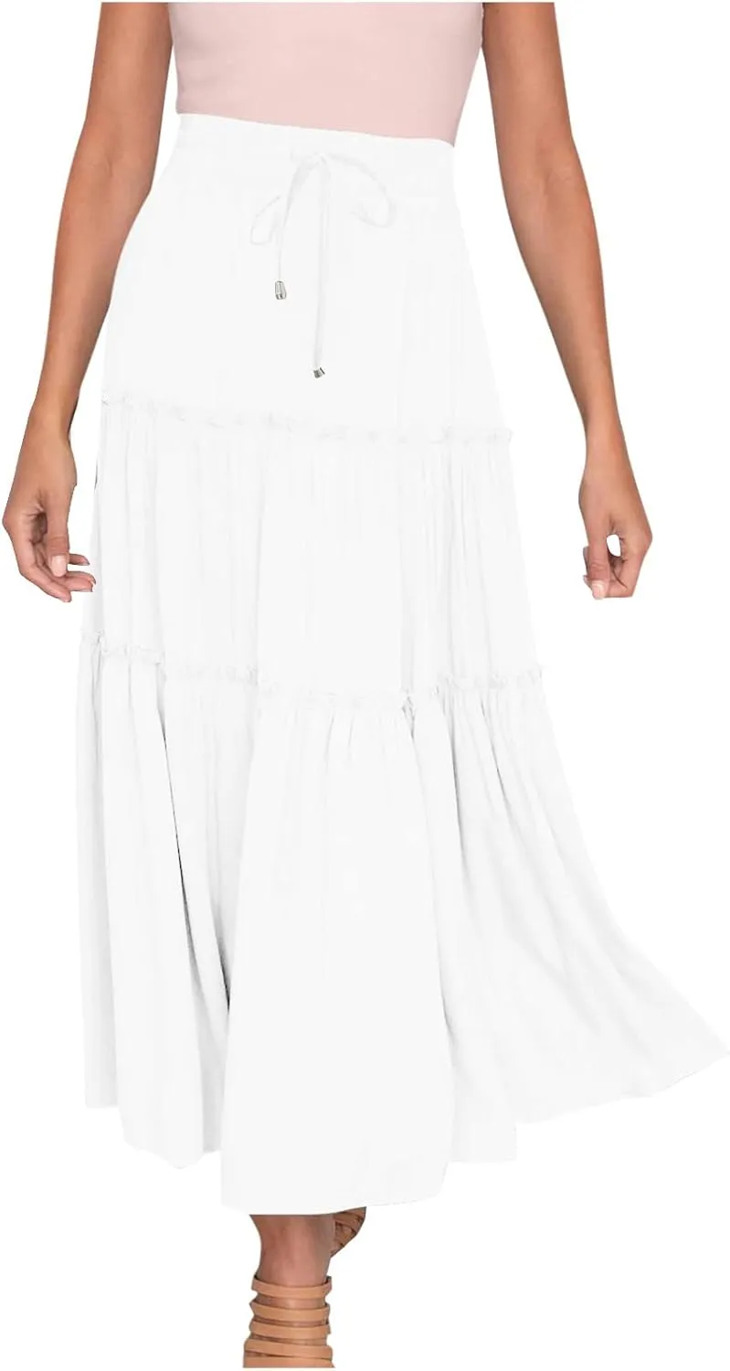 Women's Summer Skirt 2024 Boho Elastic High Waist Drawstring A Line Ruched Ruffle Swing Tiered Beach Casual Long Skirt