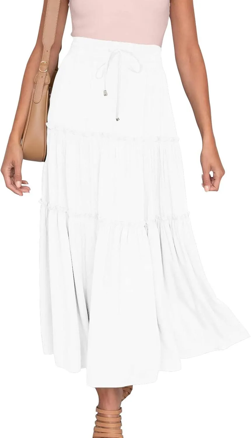 Women's Summer Skirt 2024 Boho Elastic High Waist Drawstring A Line Ruched Ruffle Swing Tiered Beach Casual Long Skirt