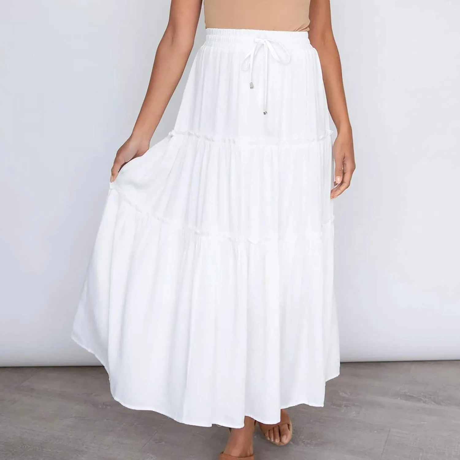 Women's Summer Skirt 2024 Boho Elastic High Waist Drawstring A Line Ruched Ruffle Swing Tiered Beach Casual Long Skirt