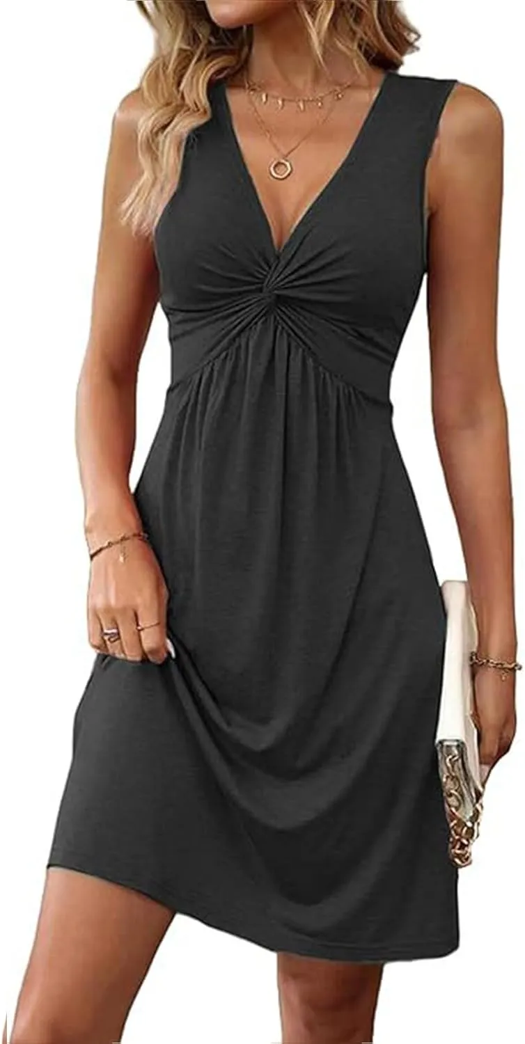 Womens Summer Sleeveless Dress V Neck Front Knotted Tank A Line Dresses Casual Loose Solid Beach Vacation Sundress
