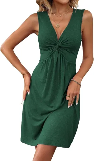 Womens Summer Sleeveless Dress V Neck Front Knotted Tank A Line Dresses Casual Loose Solid Beach Vacation Sundress