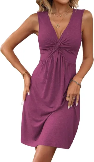 Womens Summer Sleeveless Dress V Neck Front Knotted Tank A Line Dresses Casual Loose Solid Beach Vacation Sundress