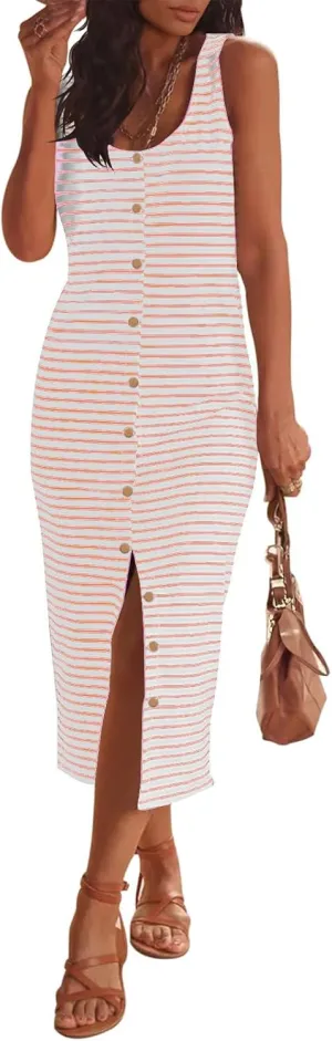 Womens Summer Sleeveless Midi Dress Casual Beach Dresses Striped Slim Fit Waist Split Sundress Vacation Travel Outfit