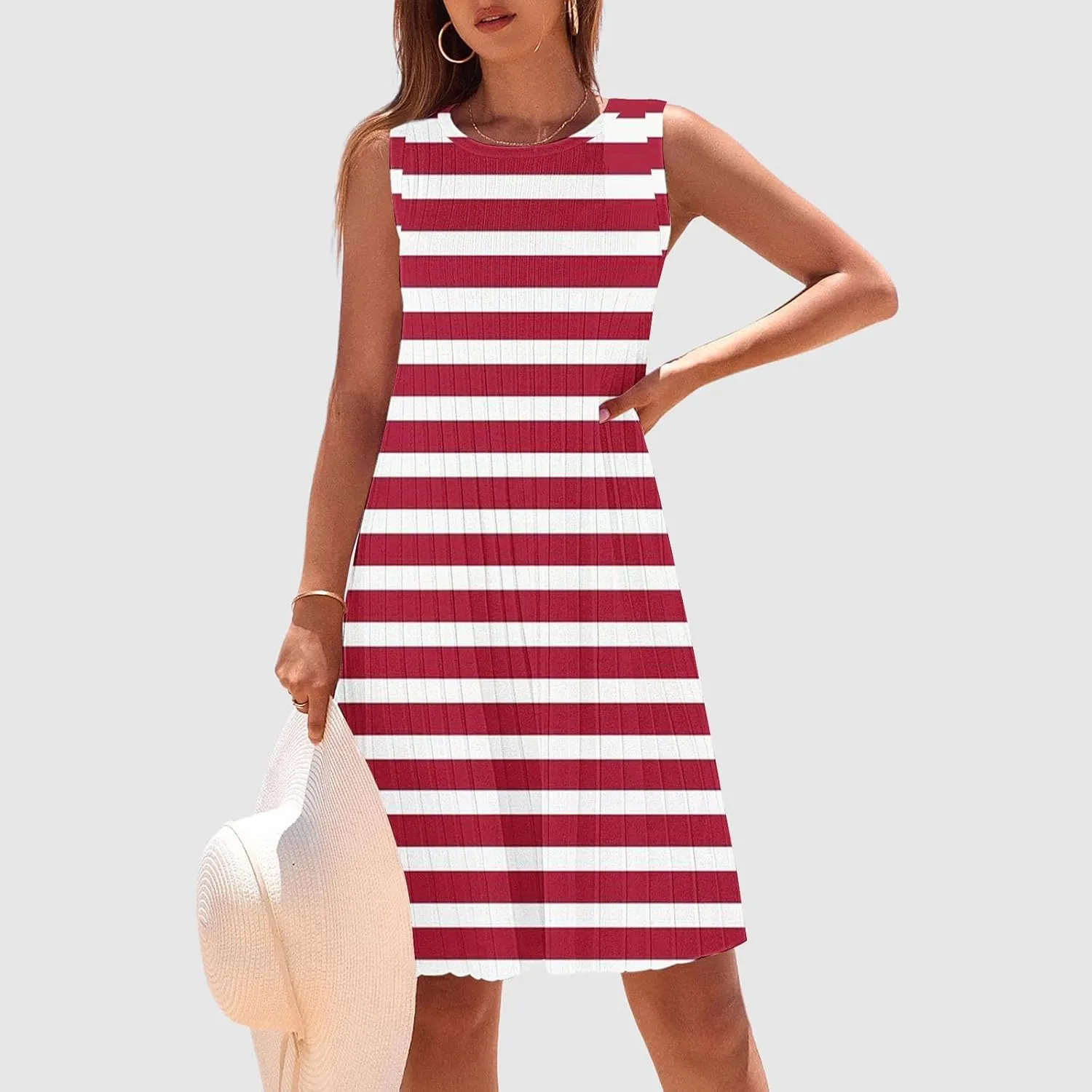 Women's Summer Tank Mini Dress Sleeveless A-Line Dresses Casual Stripe Floral T-Shirt Dress Flowy Beach Sundress