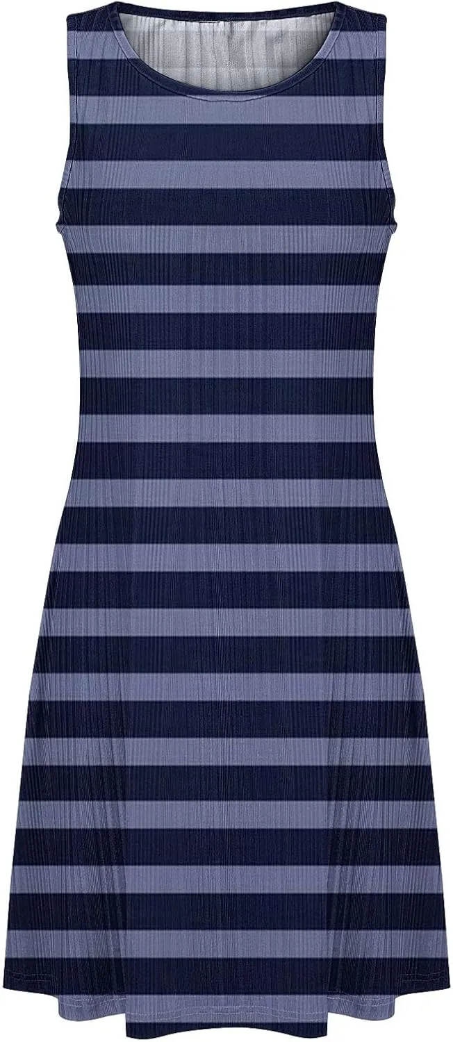 Women's Summer Tank Mini Dress Sleeveless A-Line Dresses Casual Stripe Floral T-Shirt Dress Flowy Beach Sundress