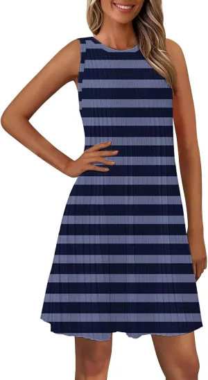 Women's Summer Tank Mini Dress Sleeveless A-Line Dresses Casual Stripe Floral T-Shirt Dress Flowy Beach Sundress