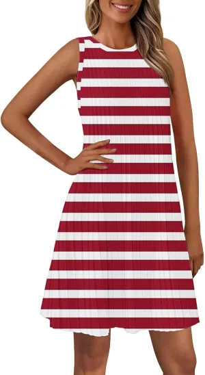 Women's Summer Tank Mini Dress Sleeveless A-Line Dresses Casual Stripe Floral T-Shirt Dress Flowy Beach Sundress