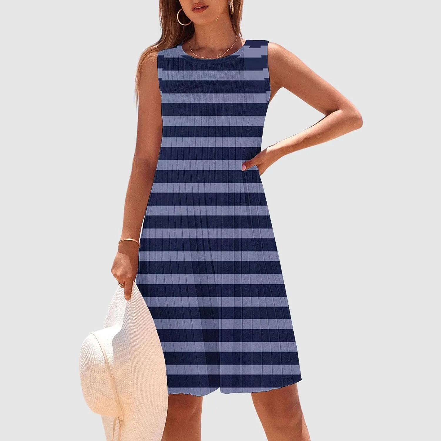 Women's Summer Tank Mini Dress Sleeveless A-Line Dresses Casual Stripe Floral T-Shirt Dress Flowy Beach Sundress