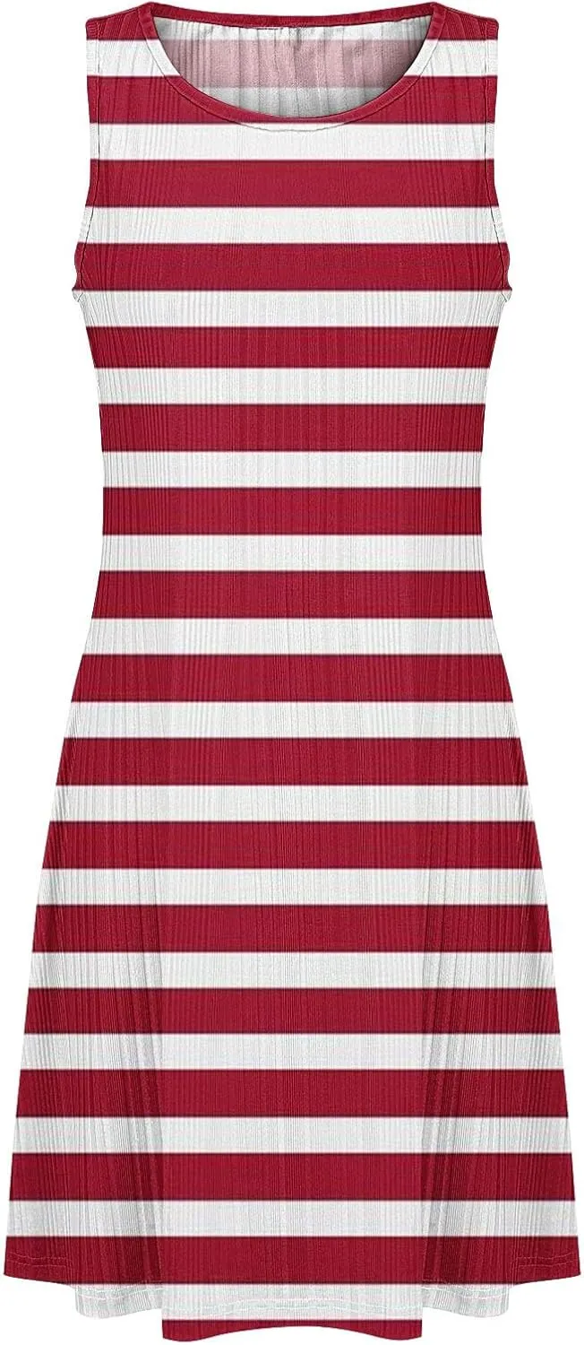 Women's Summer Tank Mini Dress Sleeveless A-Line Dresses Casual Stripe Floral T-Shirt Dress Flowy Beach Sundress