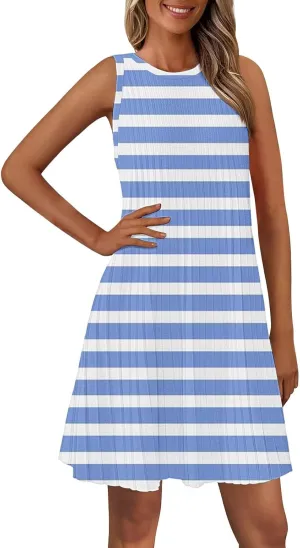 Women's Summer Tank Mini Dress Sleeveless A-Line Dresses Casual Stripe Floral T-Shirt Dress Flowy Beach Sundress