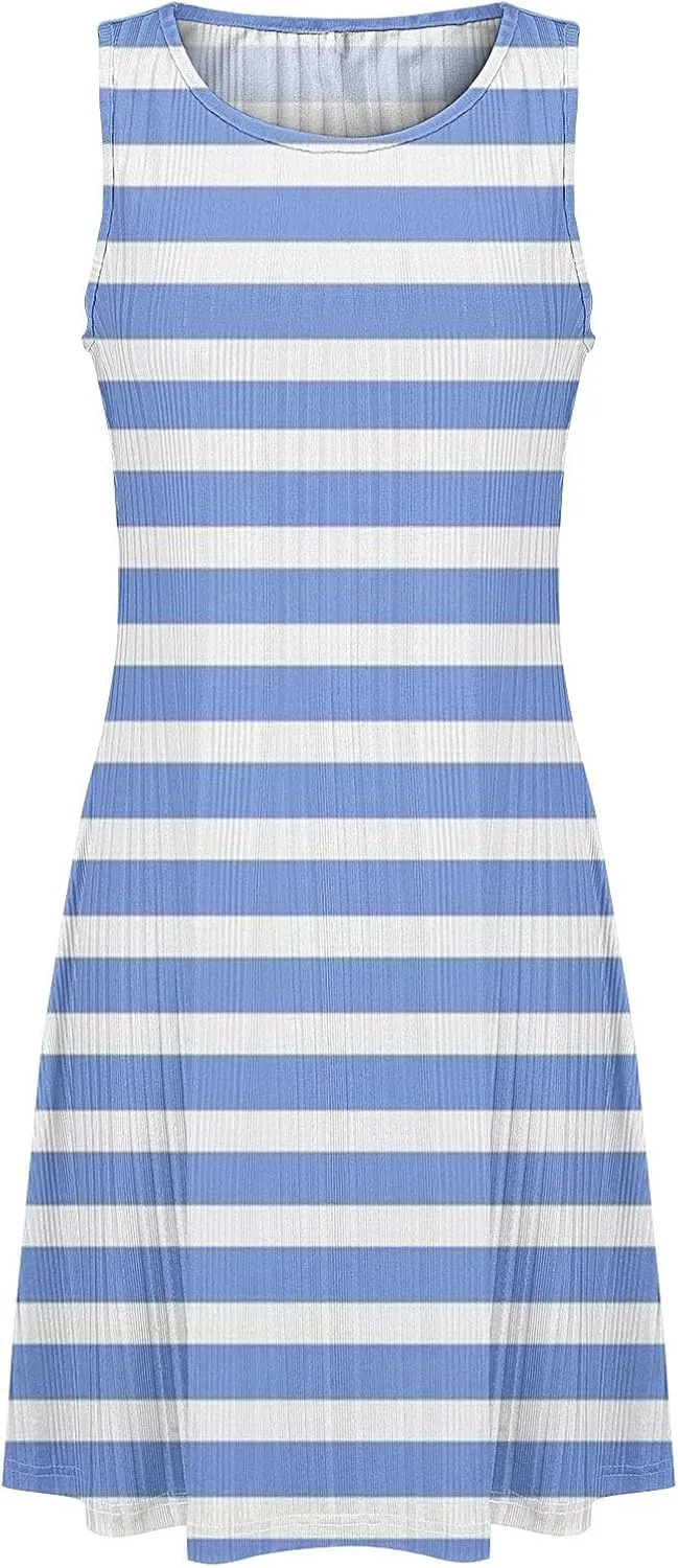 Women's Summer Tank Mini Dress Sleeveless A-Line Dresses Casual Stripe Floral T-Shirt Dress Flowy Beach Sundress