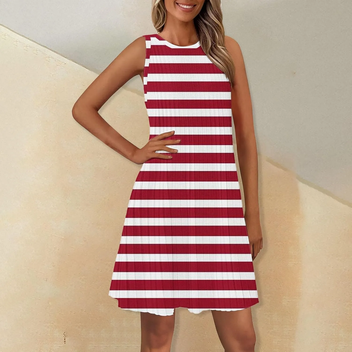 Women's Summer Tank Mini Dress Sleeveless A-Line Dresses Casual Stripe Floral T-Shirt Dress Flowy Beach Sundress