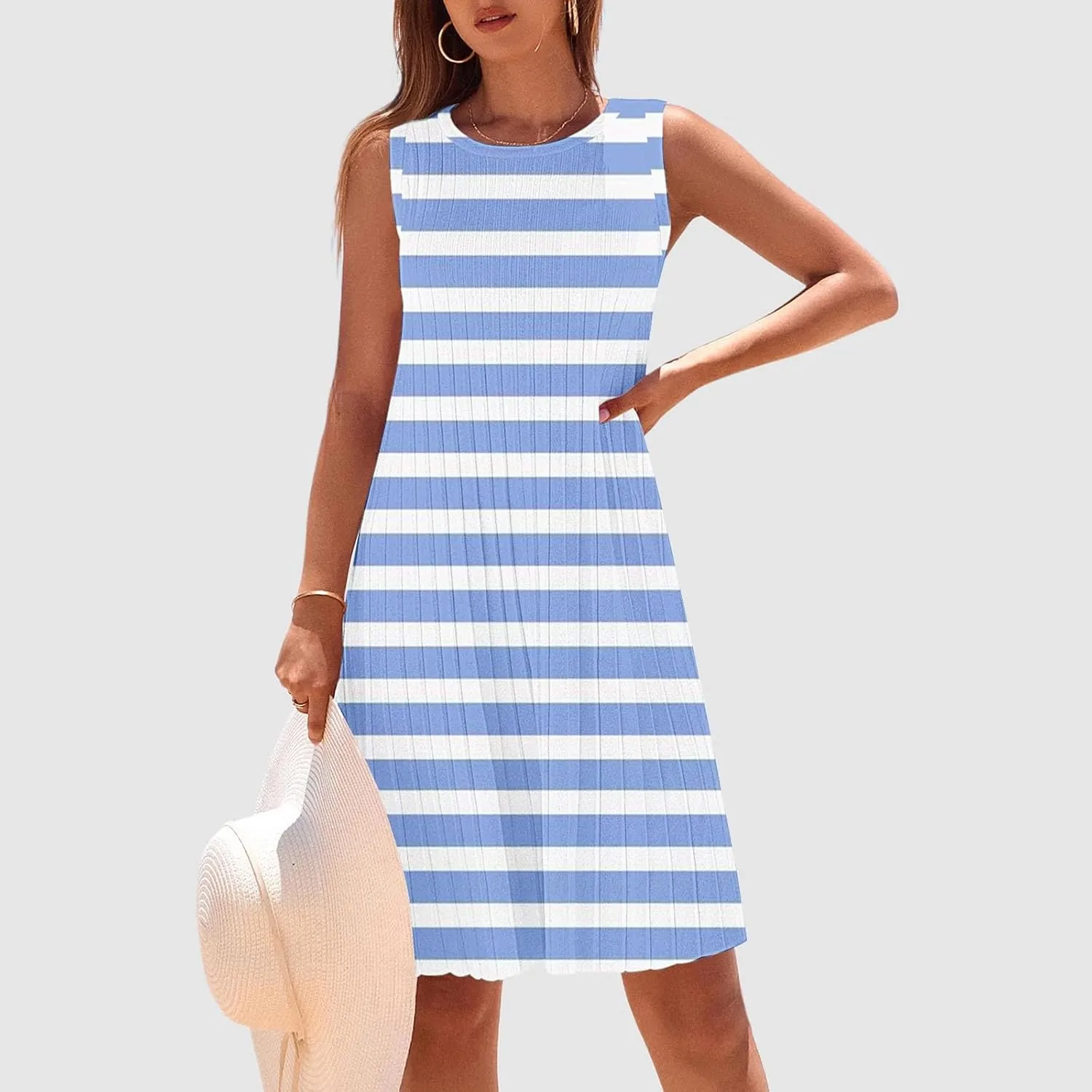 Women's Summer Tank Mini Dress Sleeveless A-Line Dresses Casual Stripe Floral T-Shirt Dress Flowy Beach Sundress