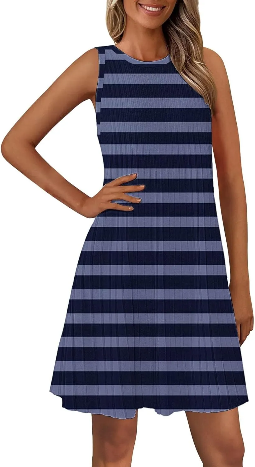 Women's Summer Tank Mini Dress Sleeveless A-Line Dresses Casual Stripe Floral T-Shirt Dress Flowy Beach Sundress