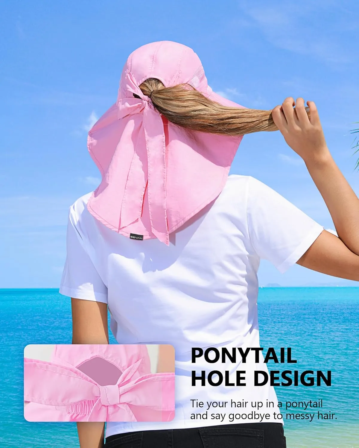 Womens Sun Hat Outdoor UV Protection Wide Brim Fishing Hat with Ponytail Hole Neck Flap for Beach Hiking Camping