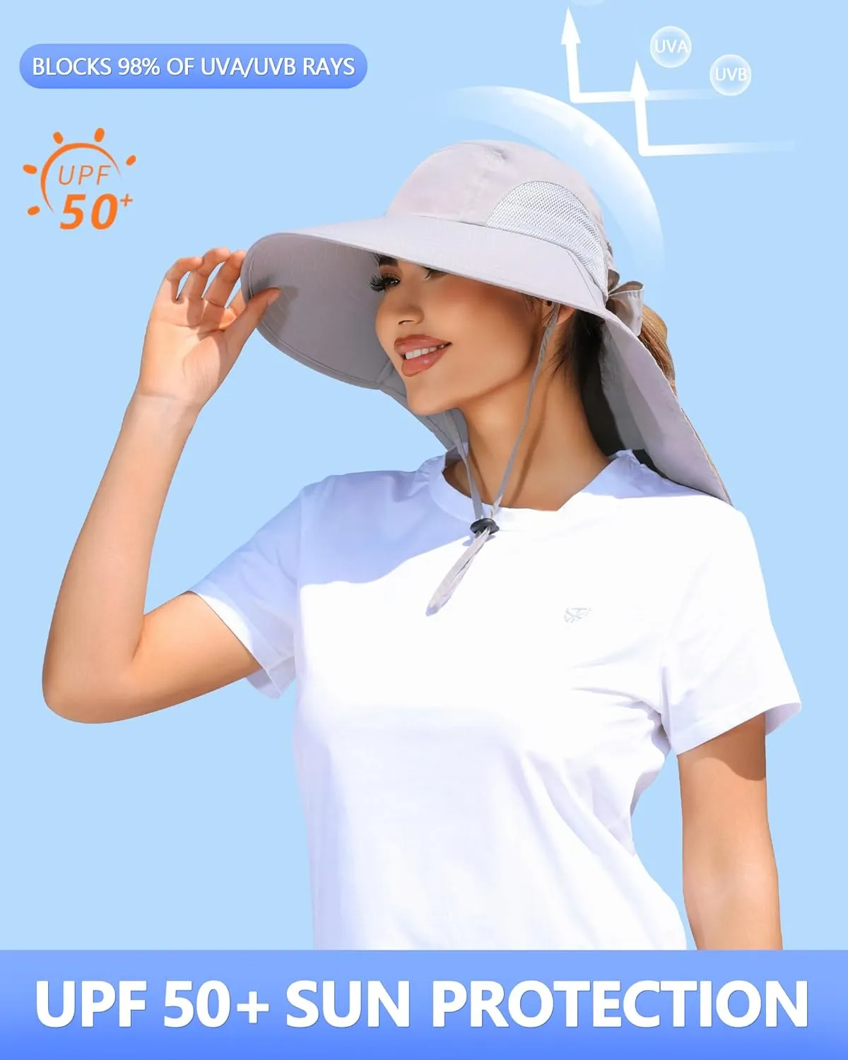 Womens Sun Hat Outdoor UV Protection Wide Brim Fishing Hat with Ponytail Hole Neck Flap for Beach Hiking Camping