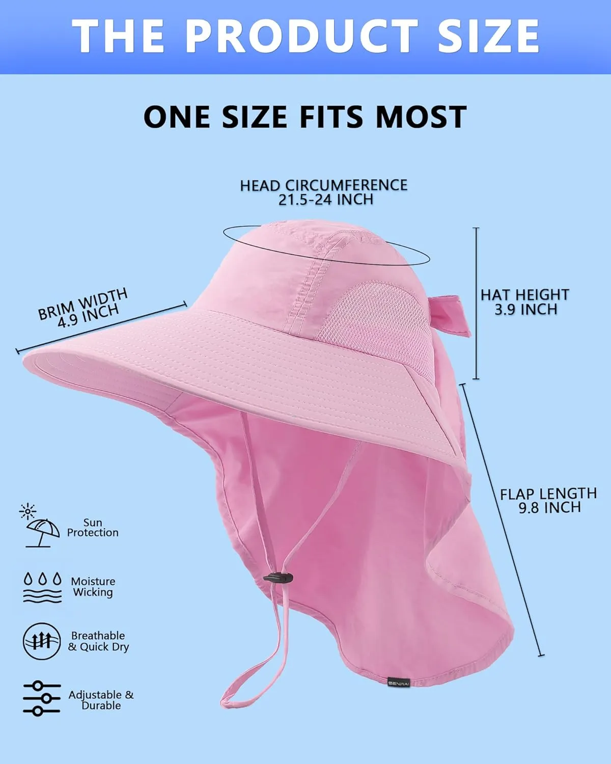 Womens Sun Hat Outdoor UV Protection Wide Brim Fishing Hat with Ponytail Hole Neck Flap for Beach Hiking Camping