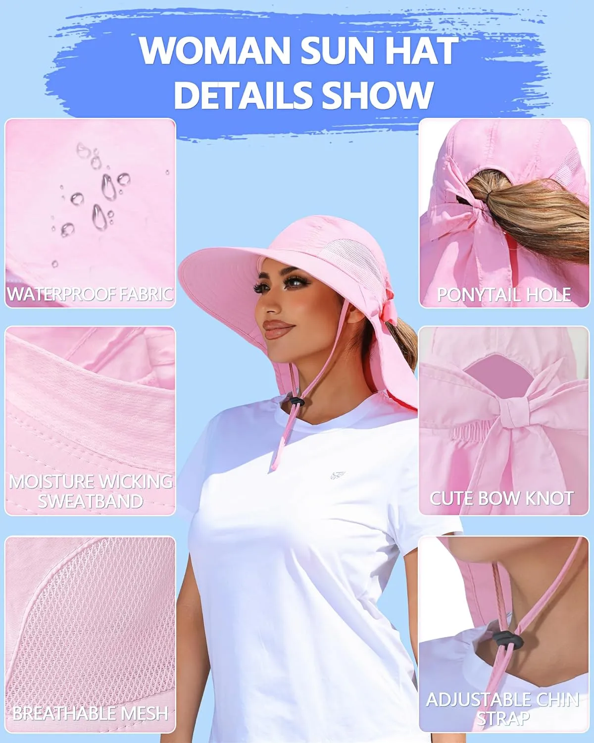 Womens Sun Hat Outdoor UV Protection Wide Brim Fishing Hat with Ponytail Hole Neck Flap for Beach Hiking Camping