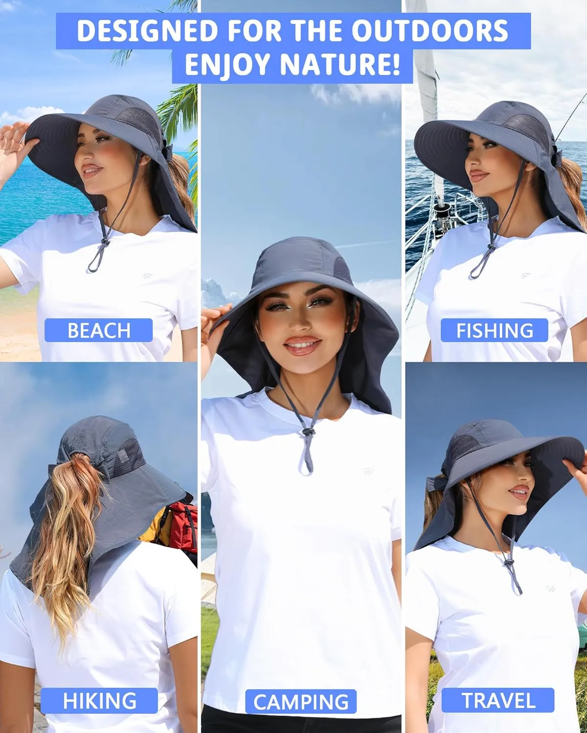Womens Sun Hat Outdoor UV Protection Wide Brim Fishing Hat with Ponytail Hole Neck Flap for Beach Hiking Camping