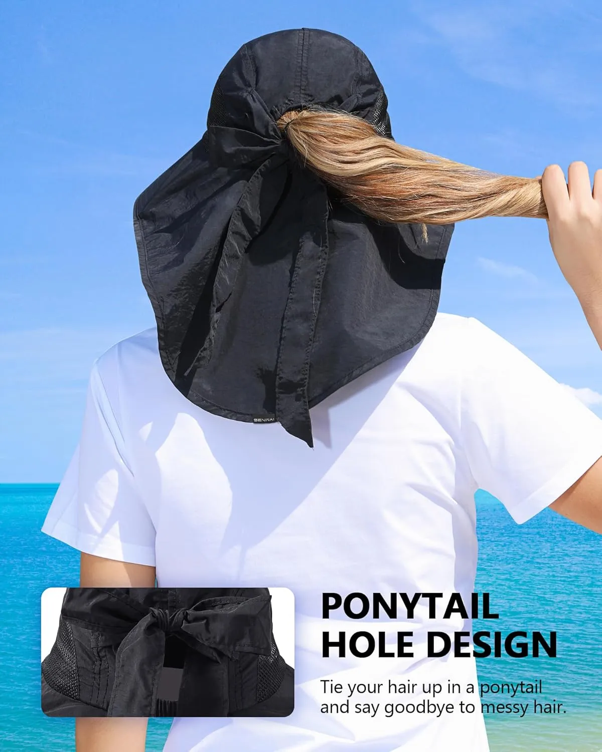 Womens Sun Hat Outdoor UV Protection Wide Brim Fishing Hat with Ponytail Hole Neck Flap for Beach Hiking Camping