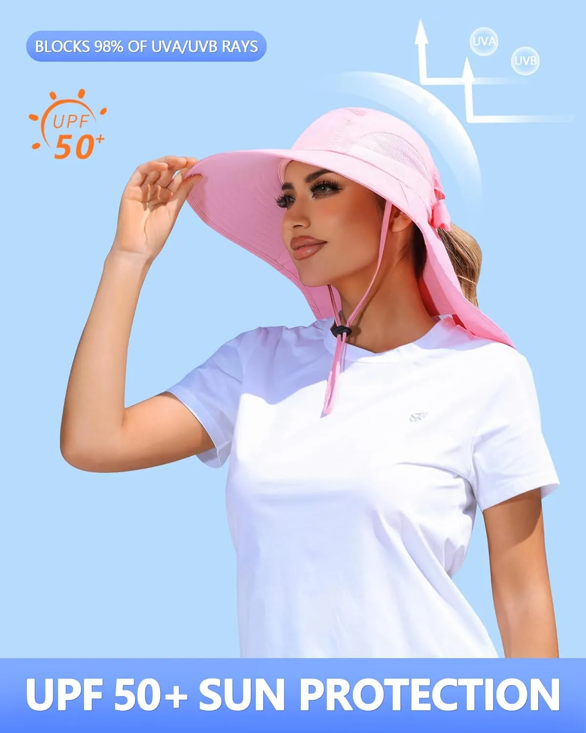 Womens Sun Hat Outdoor UV Protection Wide Brim Fishing Hat with Ponytail Hole Neck Flap for Beach Hiking Camping