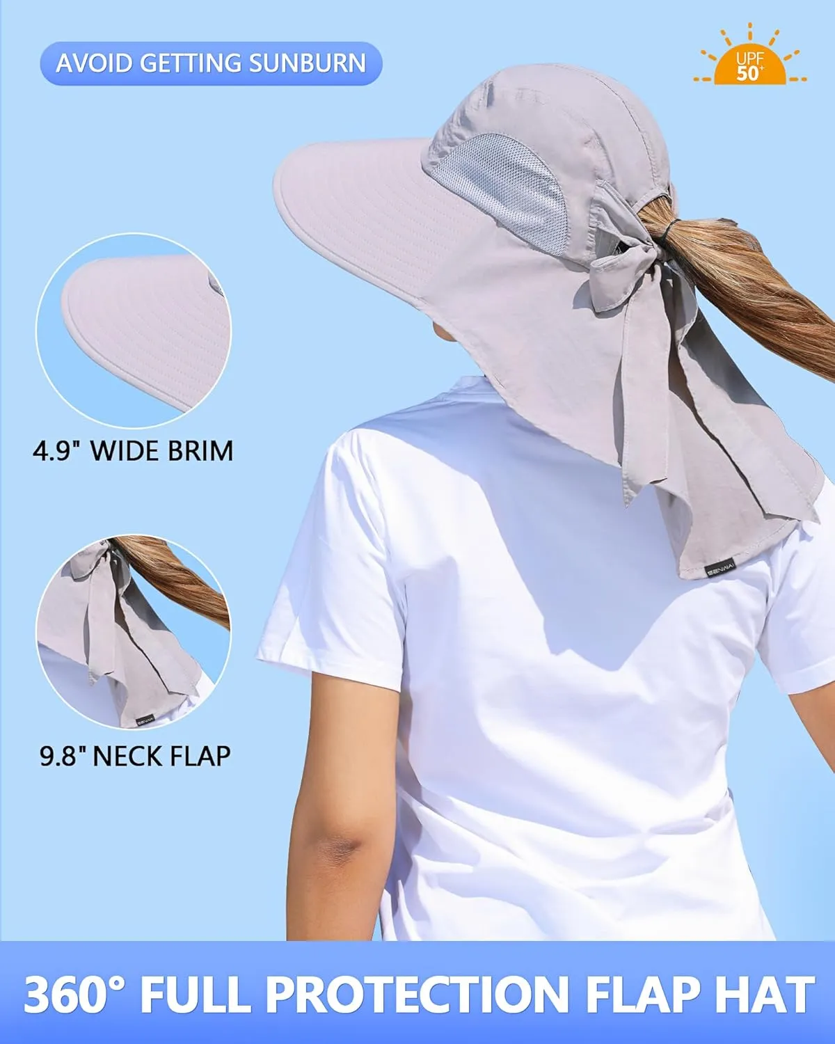 Womens Sun Hat Outdoor UV Protection Wide Brim Fishing Hat with Ponytail Hole Neck Flap for Beach Hiking Camping