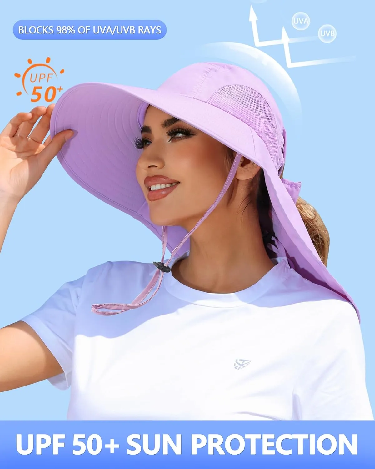 Womens Sun Hat Outdoor UV Protection Wide Brim Fishing Hat with Ponytail Hole Neck Flap for Beach Hiking Camping