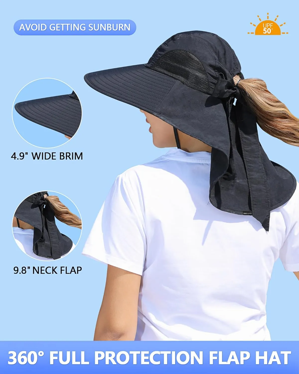 Womens Sun Hat Outdoor UV Protection Wide Brim Fishing Hat with Ponytail Hole Neck Flap for Beach Hiking Camping