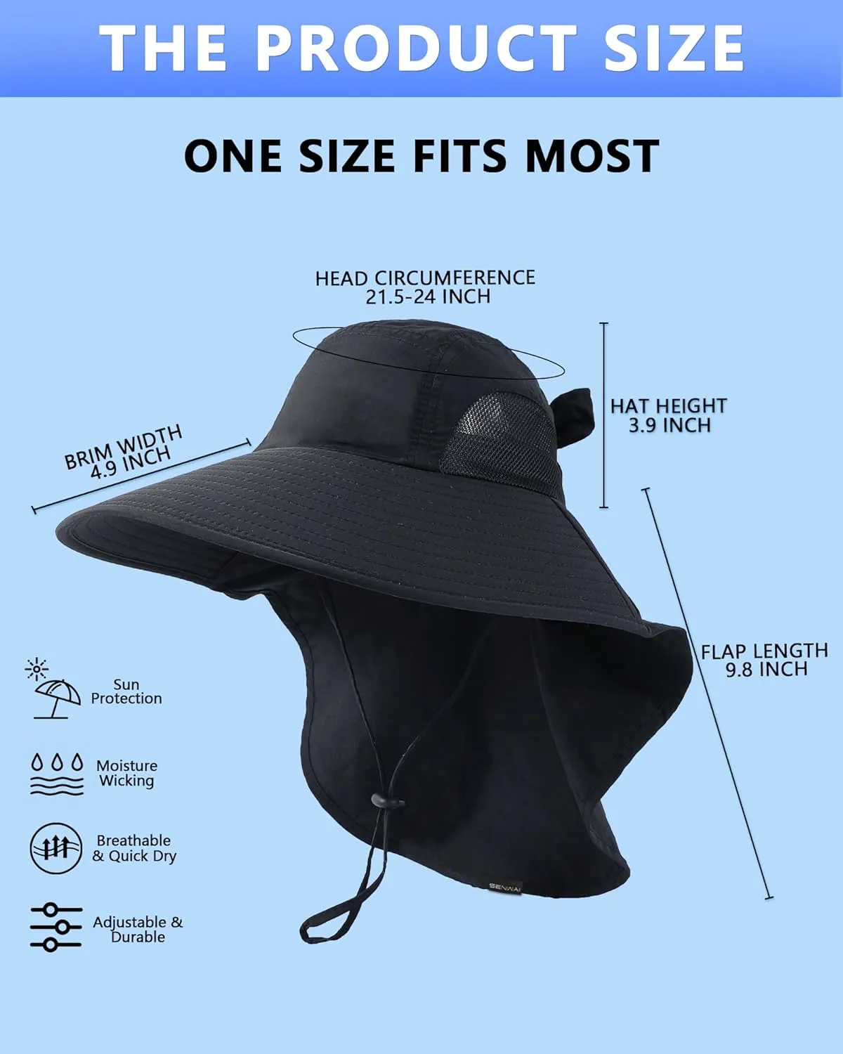 Womens Sun Hat Outdoor UV Protection Wide Brim Fishing Hat with Ponytail Hole Neck Flap for Beach Hiking Camping