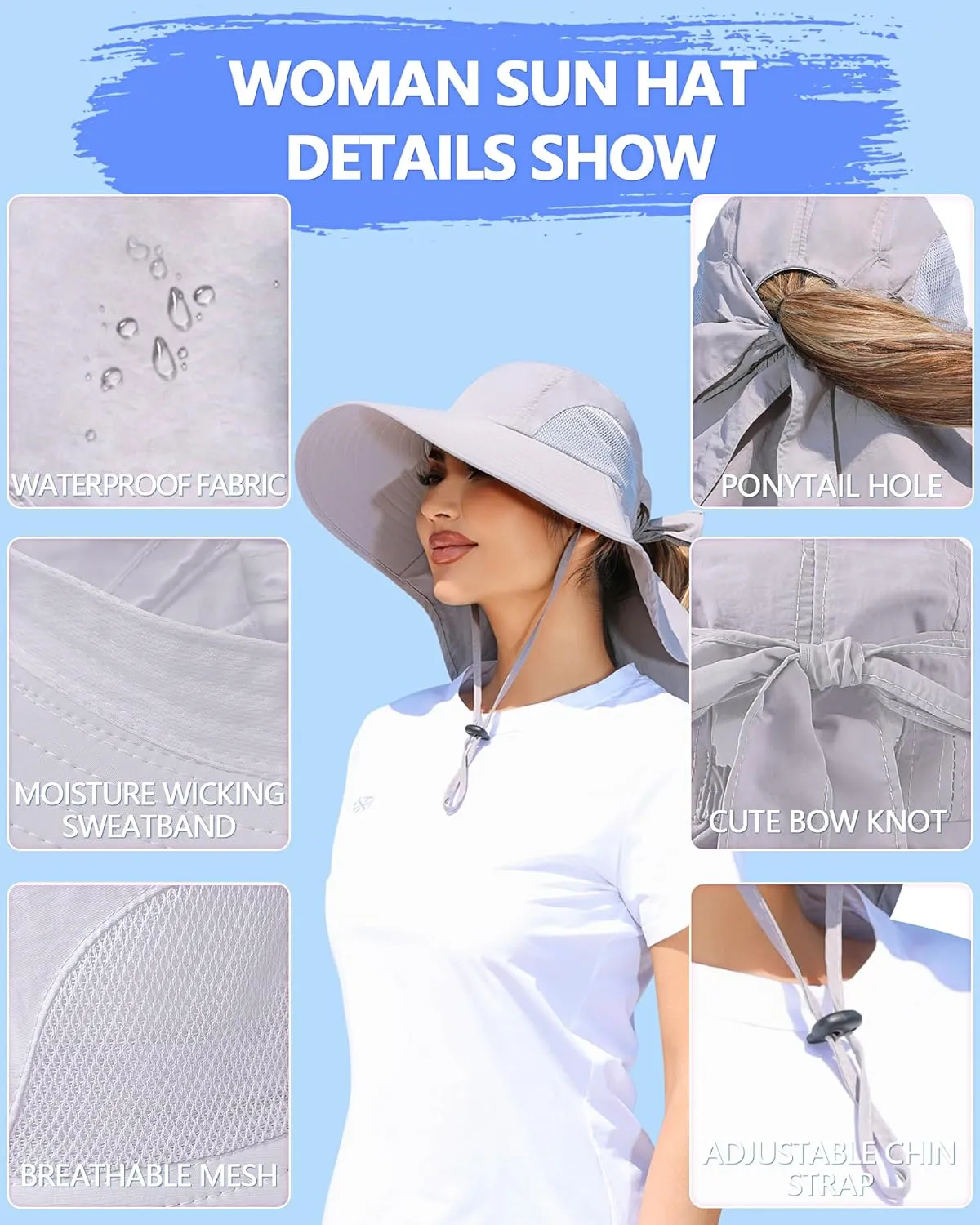Womens Sun Hat Outdoor UV Protection Wide Brim Fishing Hat with Ponytail Hole Neck Flap for Beach Hiking Camping