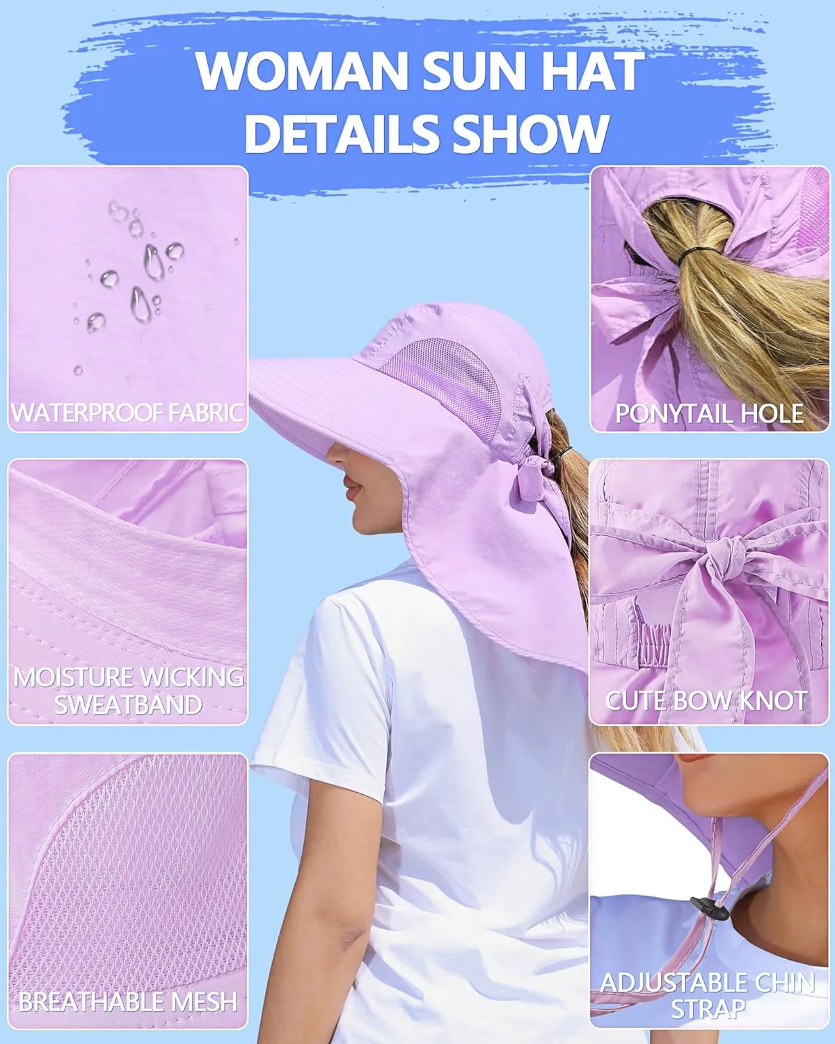 Womens Sun Hat Outdoor UV Protection Wide Brim Fishing Hat with Ponytail Hole Neck Flap for Beach Hiking Camping