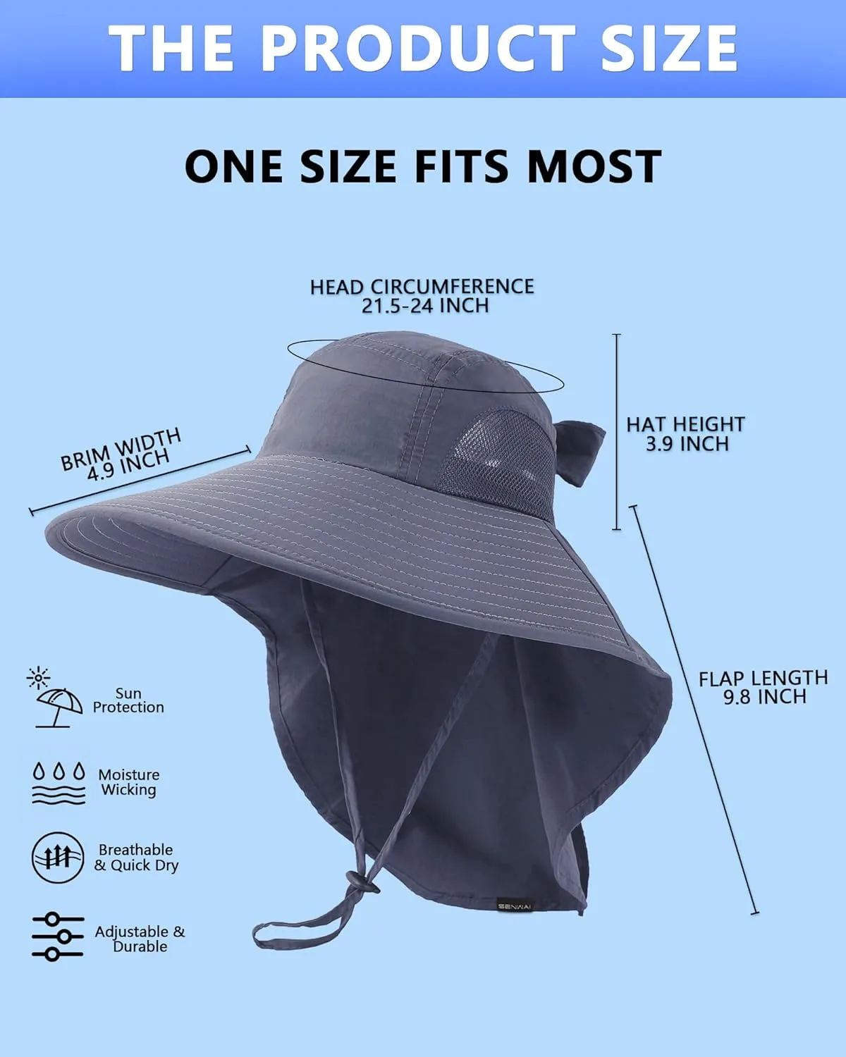 Womens Sun Hat Outdoor UV Protection Wide Brim Fishing Hat with Ponytail Hole Neck Flap for Beach Hiking Camping