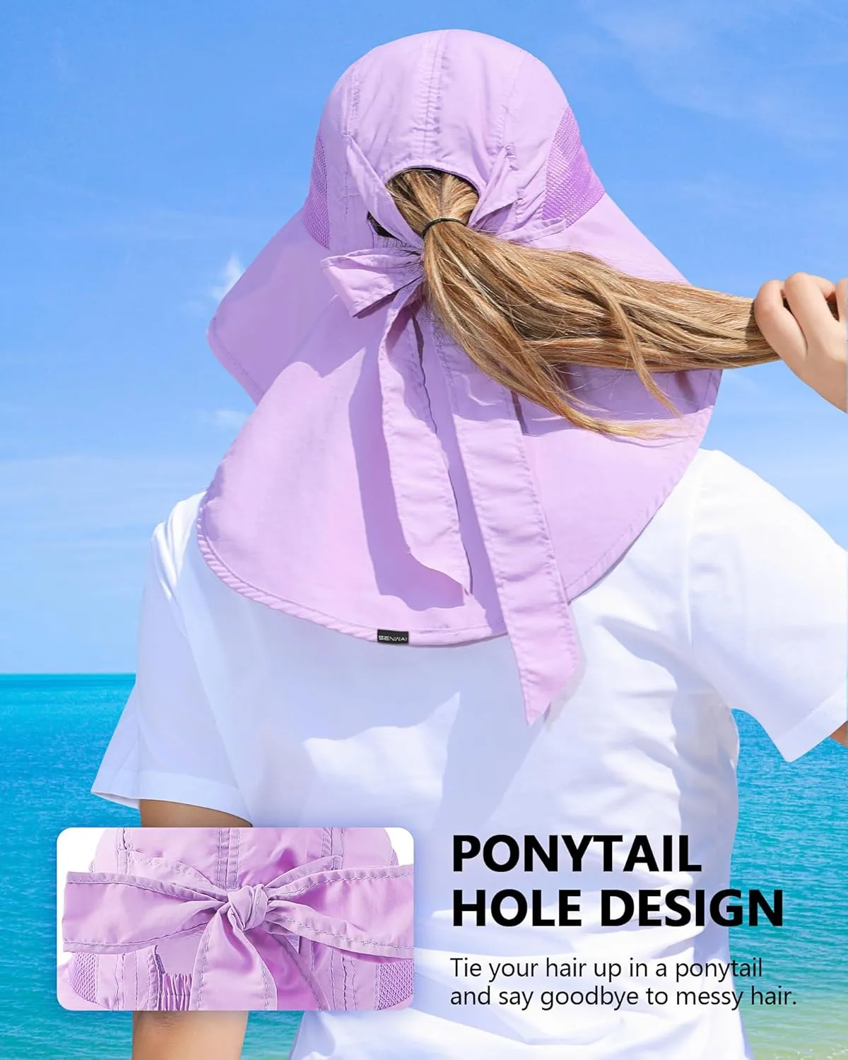 Womens Sun Hat Outdoor UV Protection Wide Brim Fishing Hat with Ponytail Hole Neck Flap for Beach Hiking Camping